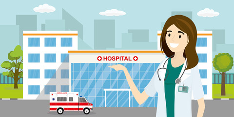 Ambulance car,hospital or clinic building and european female doctor or nurse