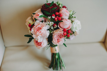 beautiful wedding bridal bouquet of different flowers