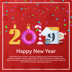 Greeting card with new year and Christmas. 2019 Happy new year. Figures in the form of a candle, Christmas ball, Candy Cane, calendar. Background for New Year's advertising and congratulations.