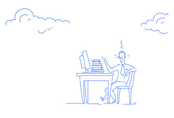tired businessman sitting desk office hardworking process computer workplace horizontal sketch doodle