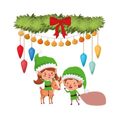 Obraz na płótnie Canvas elf couple with reindeer and garland with christmas balls