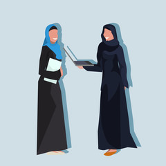 Arabic woman holding paper document laptop wearing traditional clothes black saree working communication concept arab businesswoman female cartoon character avatar blue background flat