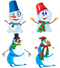 Set of four snowmen in various headdresses and in different scarves