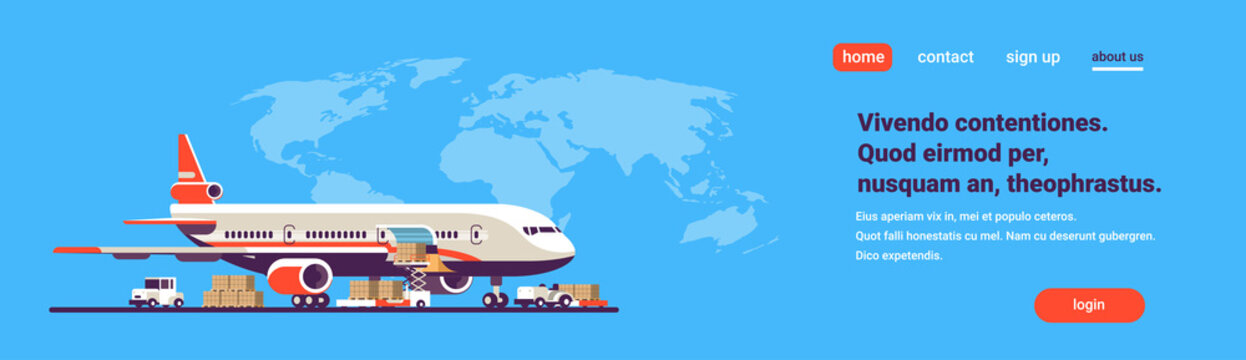 Vecteur Stock transport airplane express delivery preparing flight aircraft  airport air cargo international transportation concept world map background  copy space flat horizontal banner vector illustration | Adobe Stock