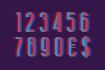 Obraz premium Anaglyph cyan red numbers with currency signs of dollar and euro.