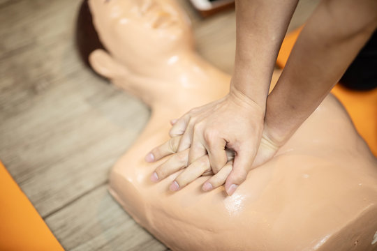 First Aids Emergency CPR training for rescue Heart Attack push hands on chest for sample and testing for right way to rescue,Selective Focus