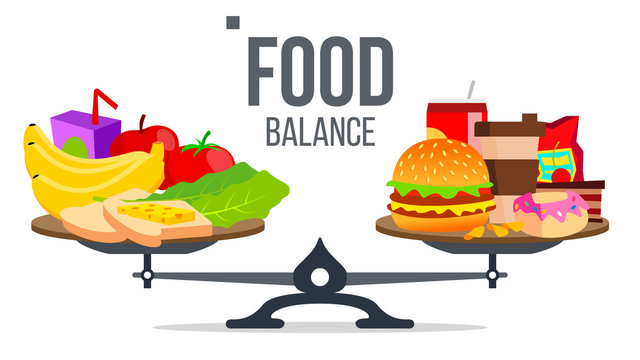 Balance Of Healthy And Unhealthy Food Vector. Isolated Cartoon Illustration