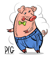 Funny happy pig dressed up in a bow-tie and jeans. Comic cartoon animal. Symbol of a Chinese New Year