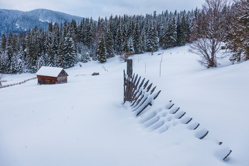 wooden house in a perfect snowy winter landscape. Snow covered rural and forest landscape.