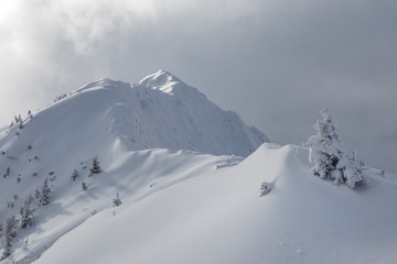 Mountain landscape. Fog and clouds on top. Snow-covered slopes. Black and white picture.