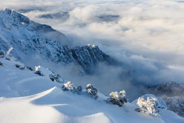 Fototapeta na wymiar Amazing landscape of rugged mountain ridge raising above the clouds and fog