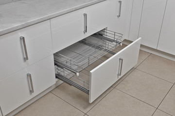Home Interior. Kitchen - Opened Door with Furniture. Wood and Chrome Material, Modern Design.