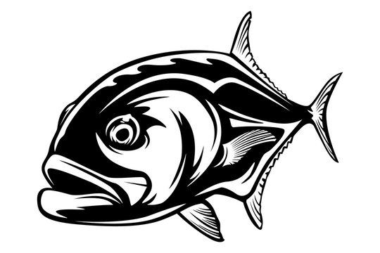 Fishing emblem of  permit isolated on white. Bone fish logo in blue colours. Ocean theme background.