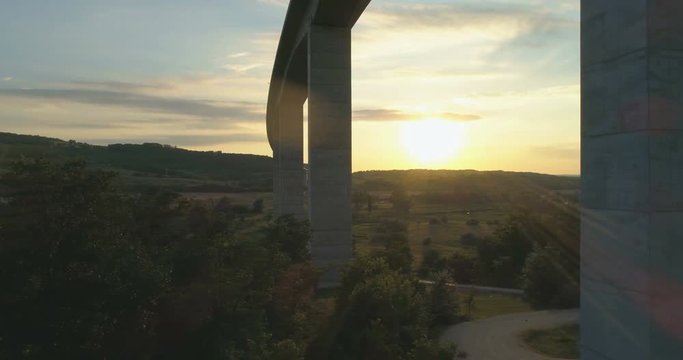 Aerial shot of M7 motorway Viaduct in Hungary at sunset with lake Balaton in view