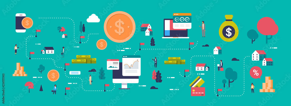 Poster e-commerce map money payment online computer mobile connection application concept isometric electro