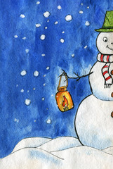 Watercolor illustrtion. Happy snowman with a hat on and scarf, holding a lantern with burning...