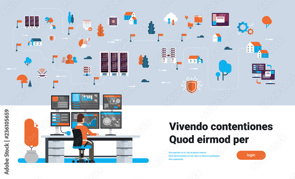 Poster businessman analytic monitor graph over data network flowchart server map isometric cloud storage sy