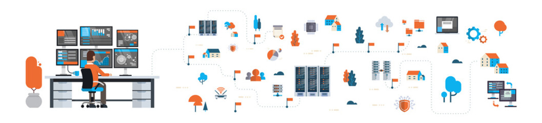 businessman analytic monitor graph over data network flowchart server map isometric cloud storage synchronization concept horizontal banner flat isolated