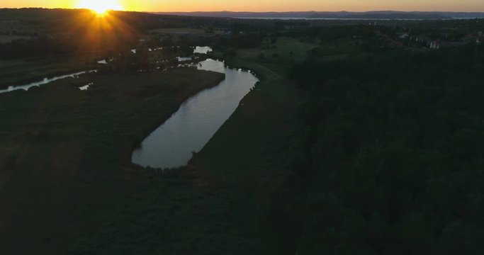 Aerial shot of M7 motorway Viaduct in Hungary at sunset with lake Balaton in view