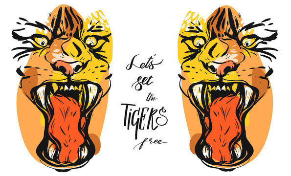 Hand drawn vector abstract graphic sketch ink drawing of tigers faces in orange colors isolated on black background with handwritten calligraphy quote Lets set the tigers free