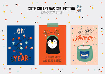 Christmas kit of cute winter postars and cards. New Year elements and holiday typography. Isolated. Scandinavian style illustration good for stickers, labels, tags, cards, posters. Vector