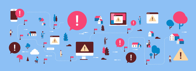problem broken mobile computer device virus attack isometric map attention warning concept exclamation mark icon notification horizontal banner flat - obrazy, fototapety, plakaty
