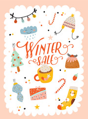 Winter Sale posters and banners. Cute Christmas illustration in vector. Scandinavian New Year elements and holiday typography good for winter sale stickers, labels, tags, cards, posters.
