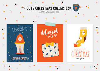 Christmas kit of cute winter postars and cards. New Year elements and holiday typography. Isolated. Scandinavian style illustration good for stickers, labels, tags, cards, posters. Vector