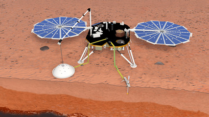 Satellite InSight in esplorazione sul suolo marziano, illustrazione, 3D rendering © robynt