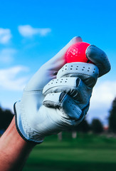 A hand of golfer in glove holding a red ball. Trees, mountain, golf courses and blue sky blurred background close up.