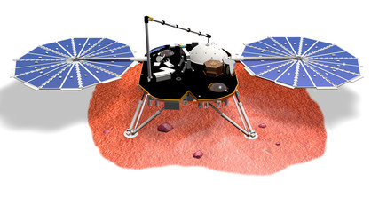 Satellite InSight atterrato su Marte, illustrazione, 3D rendering © robynt