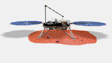 Satellite InSight atterrato su Marte, illustrazione, 3D rendering © robynt