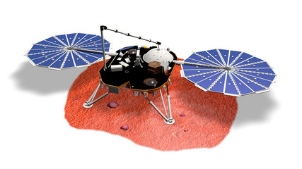 Satellite InSight atterrato su Marte, illustrazione, 3D rendering © robynt