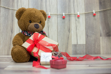 Teddy bear holding a gift box.