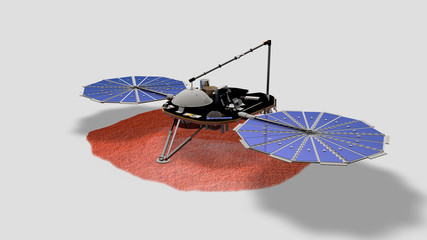 Satellite InSight atterrato su Marte, illustrazione, 3D rendering © robynt