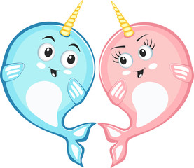 Narwhal couple characters in cartoon style drawing © dima_oris