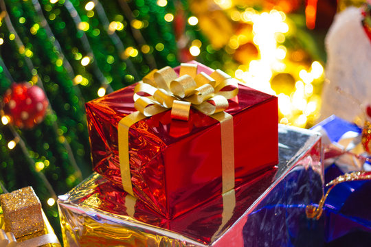 Closeup Christmas gift box with Strap Accessories Ornaments Christmas background for New Year festival