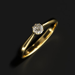 Gold Diamond Ring Isolated On black Background, 3D Rendering.