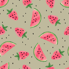 Seamless pattern with watercolor watermelon and strawberry.