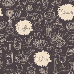 Vector seamless pattern on the theme of food and drink with handwritten inscriptions and cartoon contour drawings of kitchen utensils, various dishes and food in retro style on dark background
