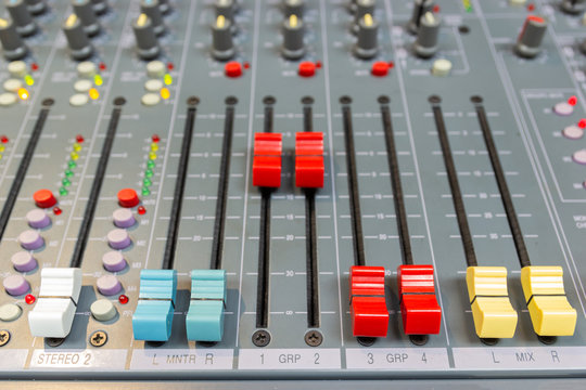 Close up Mixing Console of a big HiFi system, The audio equipment and control panel of digital studio mixer