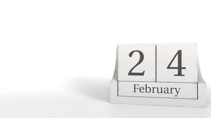 Cube calendar shows February 24 date. 3D animation