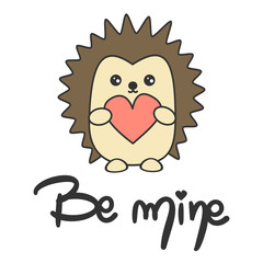 cute hand drawn romantic be mine lettering text with hedgehog with heart vector card