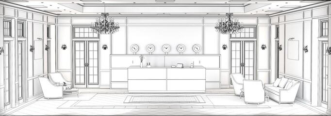 hall, hotel lobby, interior visualization, 3D illustration
