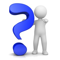 blue question mark interrogation point sign query symbol ask icon with white stick figure man person pointing at camera isolated