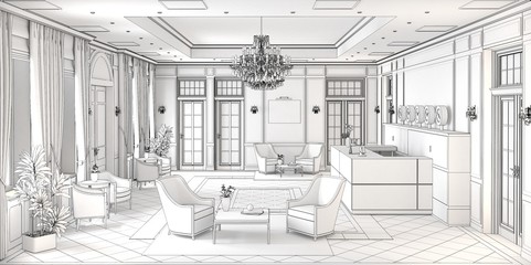 hall, hotel lobby, interior visualization, 3D illustration
