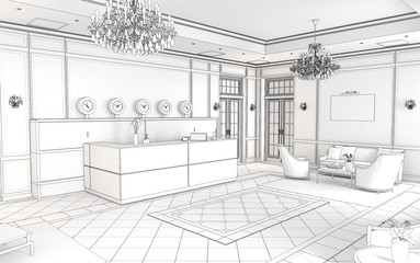 hall, hotel lobby, interior visualization, 3D illustration

