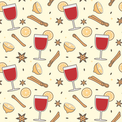 cute seamless vector pattern background illustration  with glass of mulled wine, cinnamon sticks, anise stars and orange 