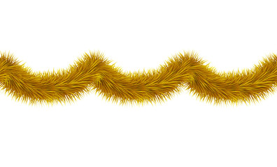 Vector detailed seamless tinsel isolated on white background. Gold christmas decoration. Golden garland for holiday design. Curved festive frippery.