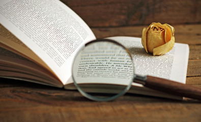 Book and magnifying glass on wood